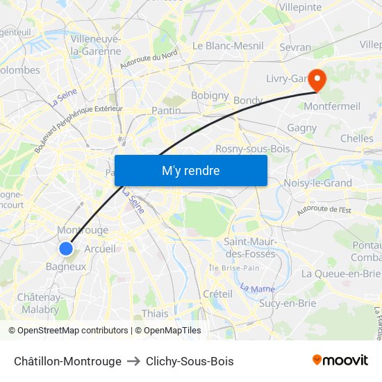 Châtillon-Montrouge to Clichy-Sous-Bois map