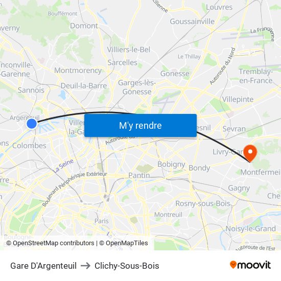 Gare D'Argenteuil to Clichy-Sous-Bois map