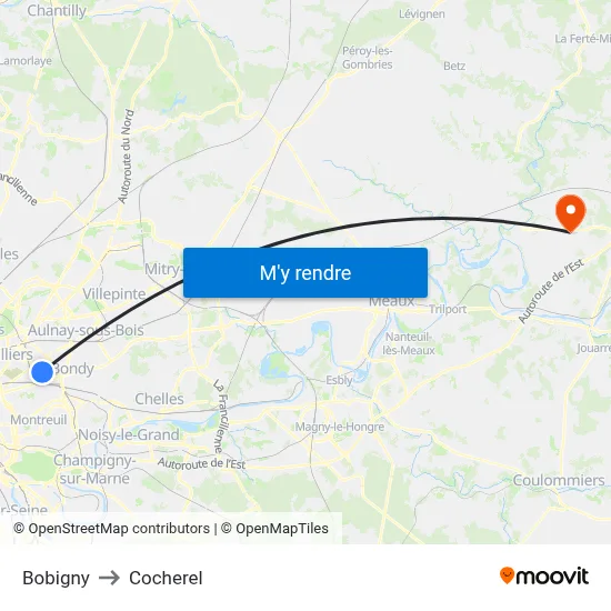Bobigny to Cocherel map