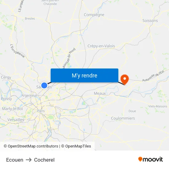 Ecouen to Cocherel map