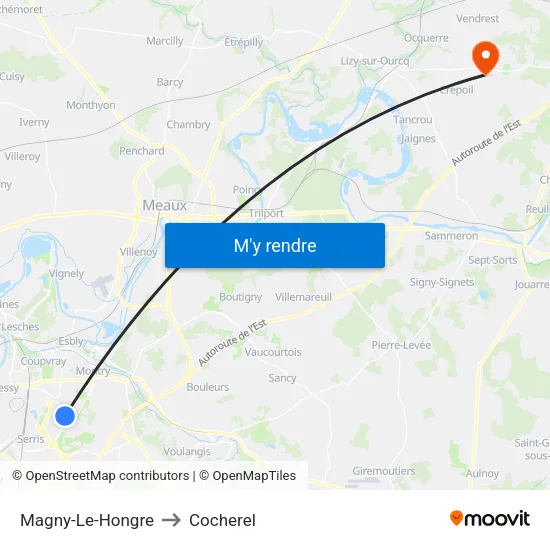 Magny-Le-Hongre to Cocherel map