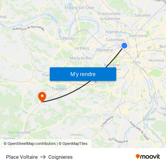 Place Voltaire to Coignieres map