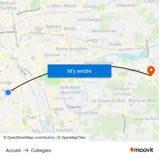Arcueil to Collegien map