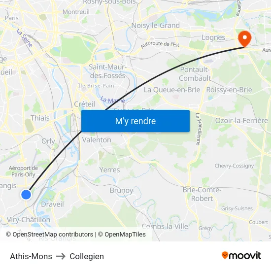 Athis-Mons to Collegien map
