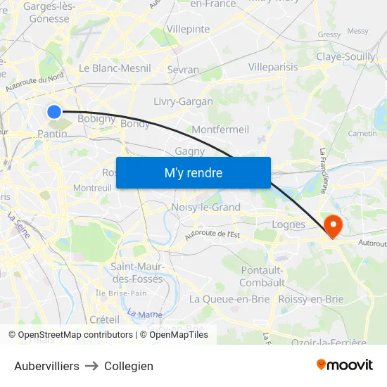 Aubervilliers to Collegien map