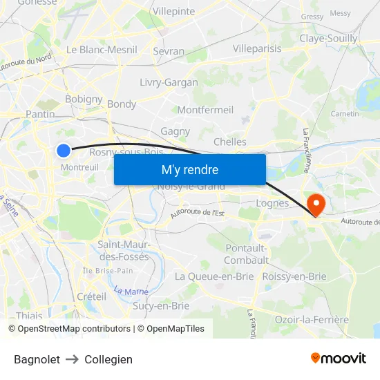 Bagnolet to Collegien map
