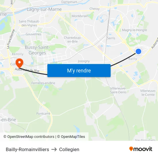 Bailly-Romainvilliers to Collegien map