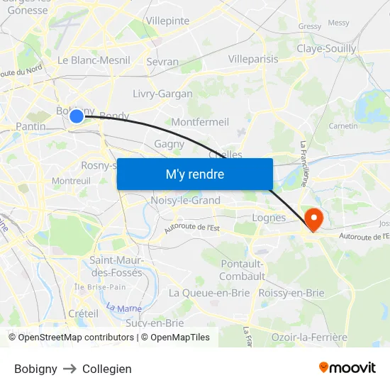 Bobigny to Collegien map