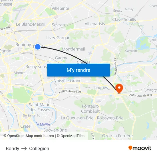 Bondy to Collegien map
