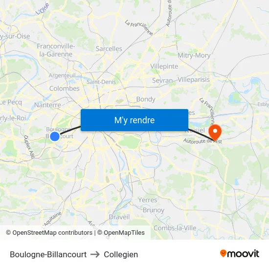 Boulogne-Billancourt to Collegien map