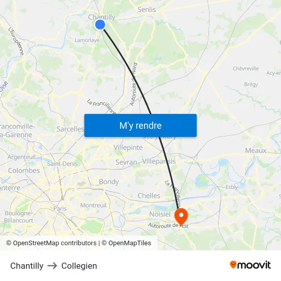 Chantilly to Collegien map