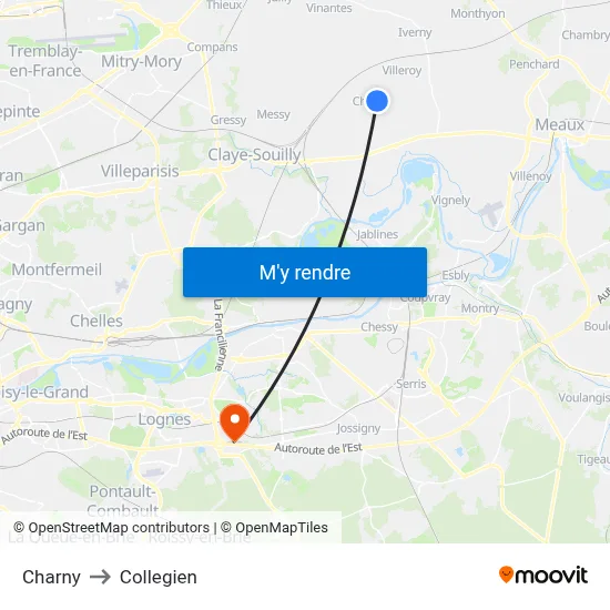 Charny to Collegien map