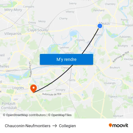Chauconin-Neufmontiers to Collegien map