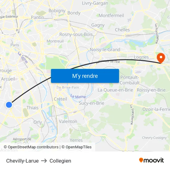 Chevilly-Larue to Collegien map
