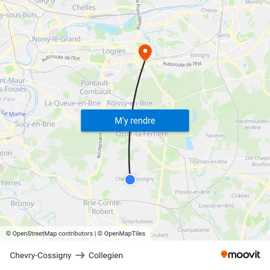 Chevry-Cossigny to Collegien map