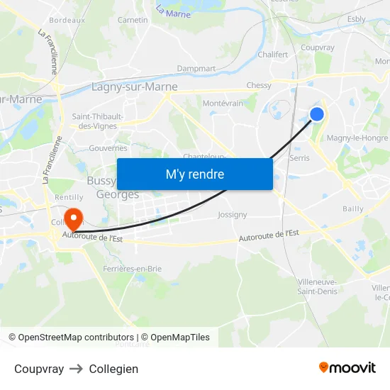 Coupvray to Collegien map