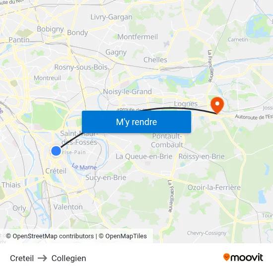Creteil to Collegien map