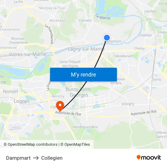 Dampmart to Collegien map