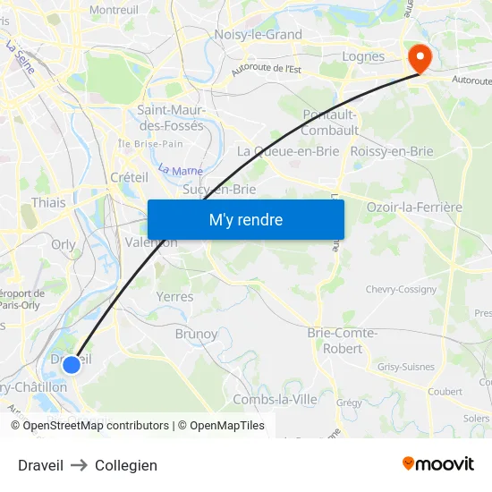 Draveil to Collegien map