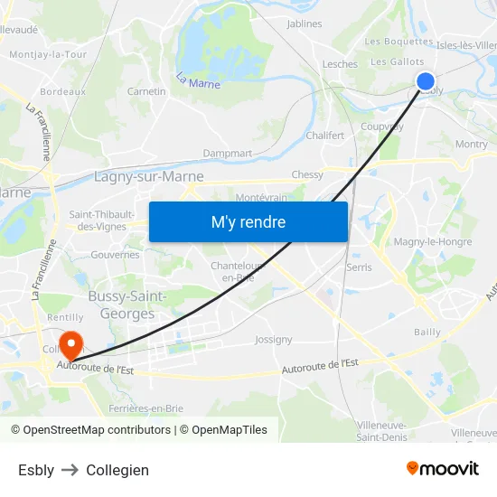 Esbly to Collegien map