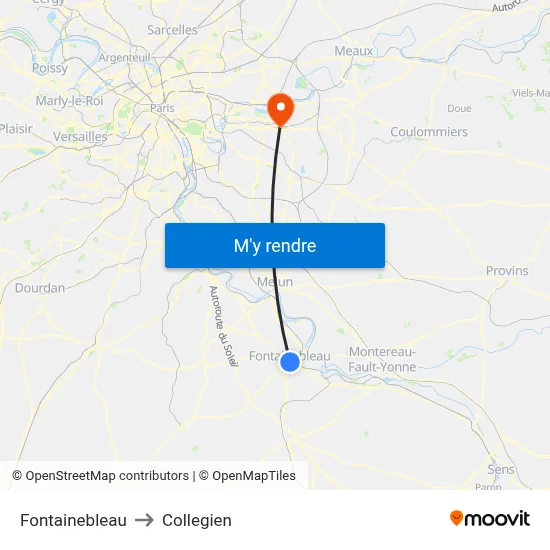 Fontainebleau to Collegien map