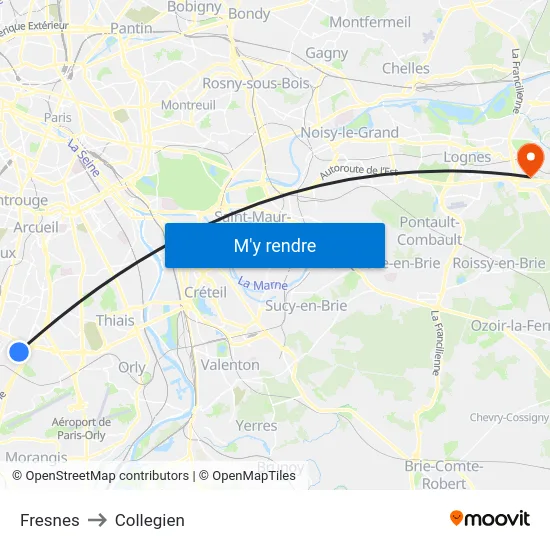 Fresnes to Collegien map