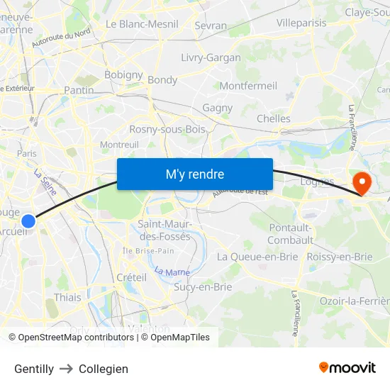 Gentilly to Collegien map