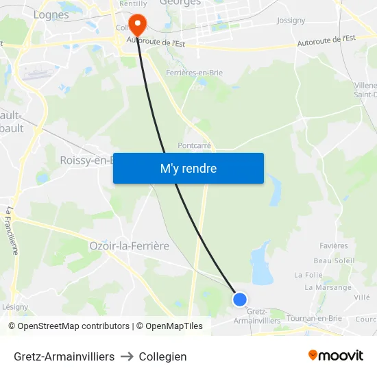 Gretz-Armainvilliers to Collegien map