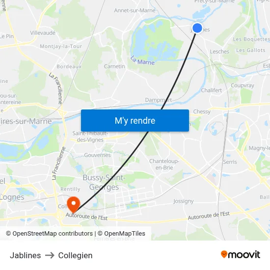 Jablines to Collegien map