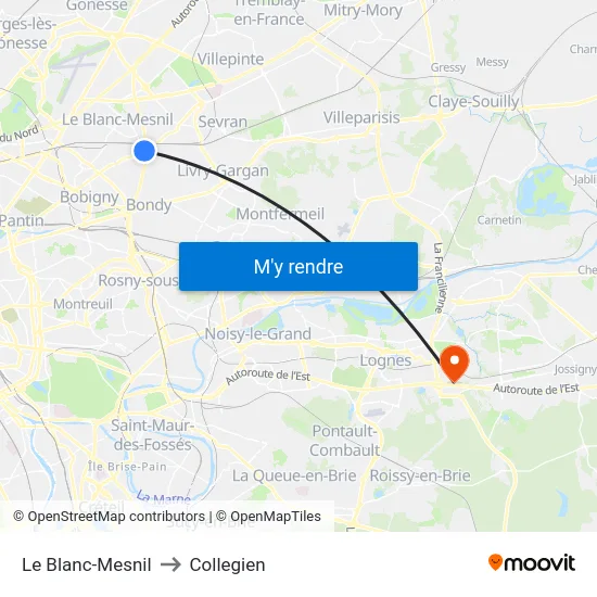 Le Blanc-Mesnil to Collegien map
