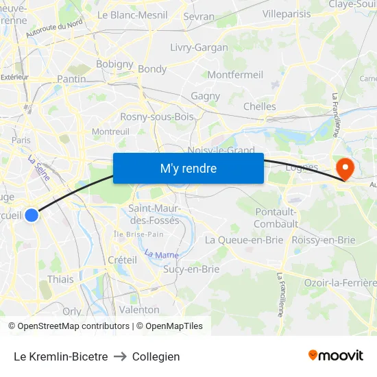 Le Kremlin-Bicetre to Collegien map