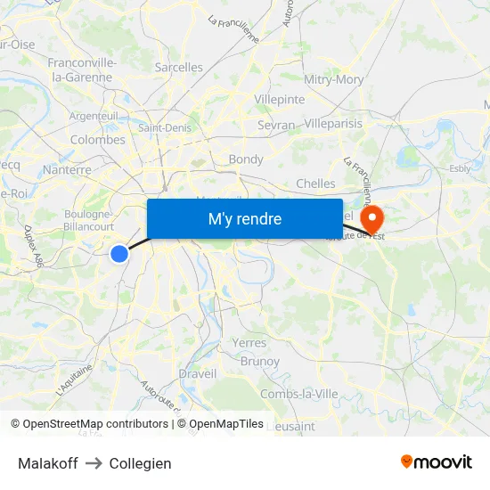 Malakoff to Collegien map