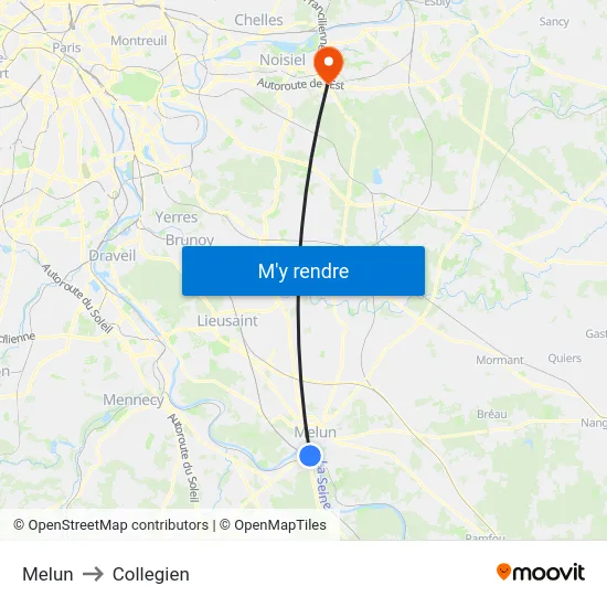 Melun to Collegien map