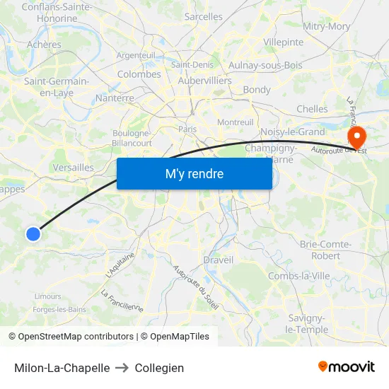 Milon-La-Chapelle to Collegien map