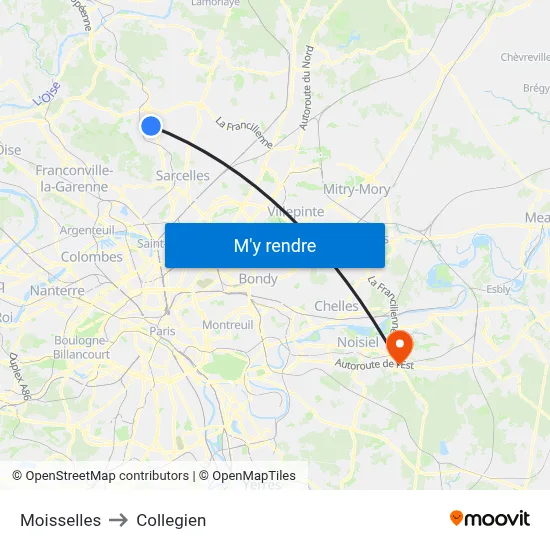 Moisselles to Collegien map