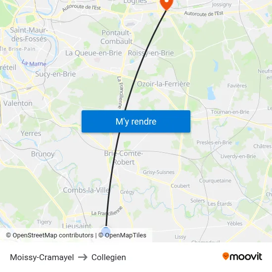 Moissy-Cramayel to Collegien map