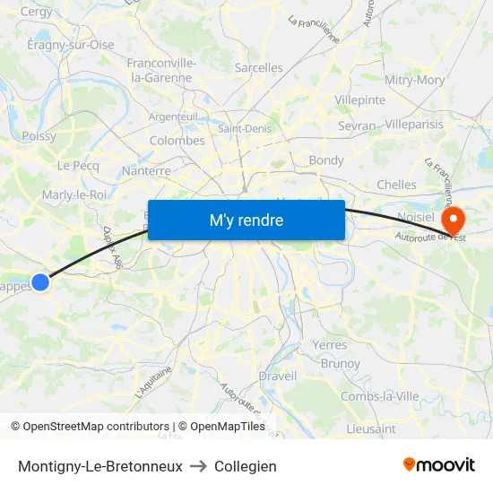 Montigny-Le-Bretonneux to Collegien map