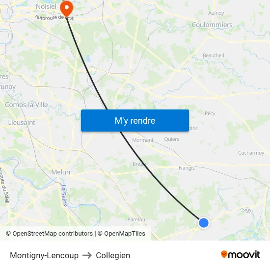 Montigny-Lencoup to Collegien map