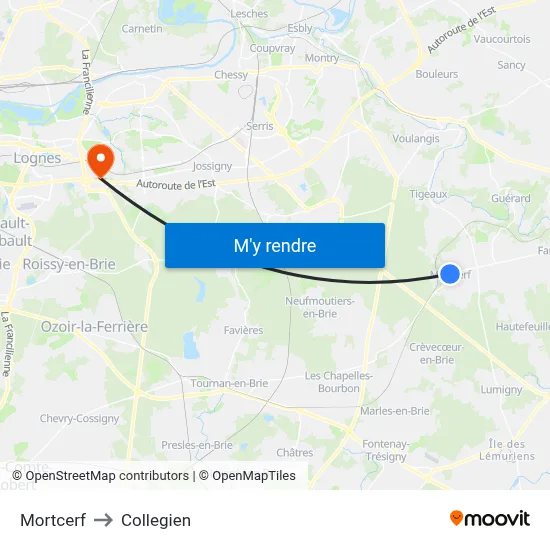 Mortcerf to Collegien map