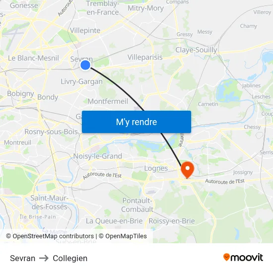 Sevran to Collegien map