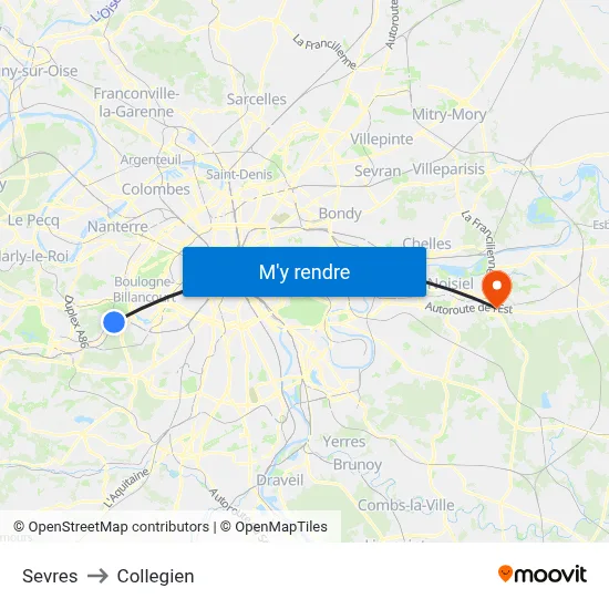 Sevres to Collegien map