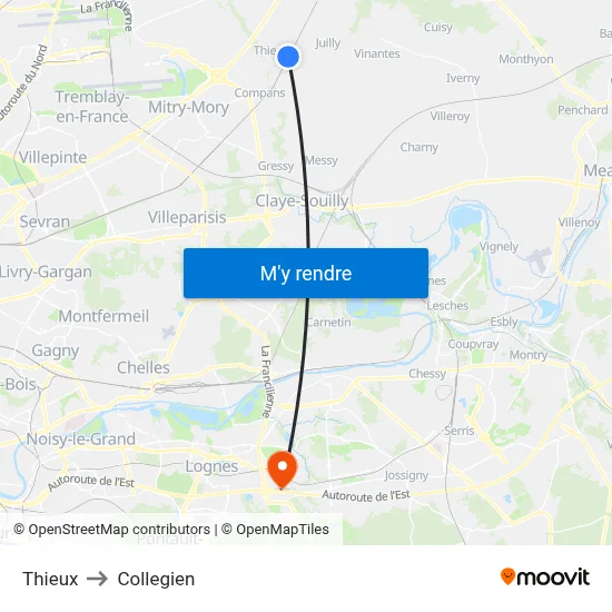 Thieux to Collegien map