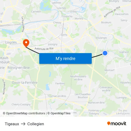 Tigeaux to Collegien map