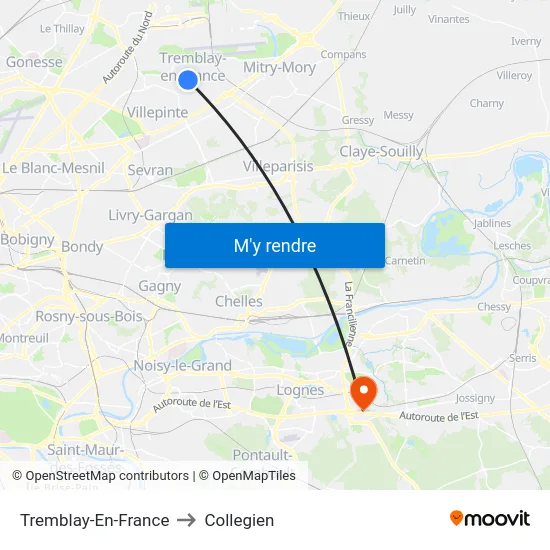 Tremblay-En-France to Collegien map