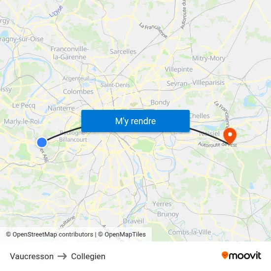 Vaucresson to Collegien map
