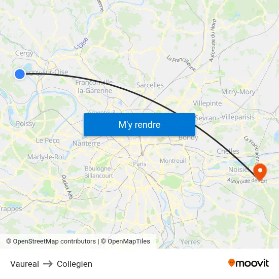 Vaureal to Collegien map
