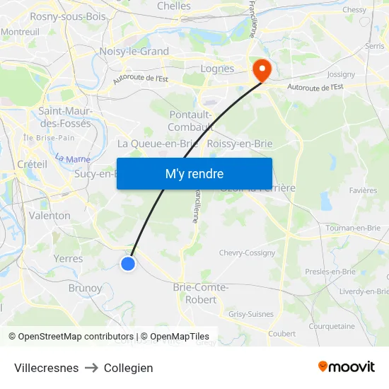 Villecresnes to Collegien map