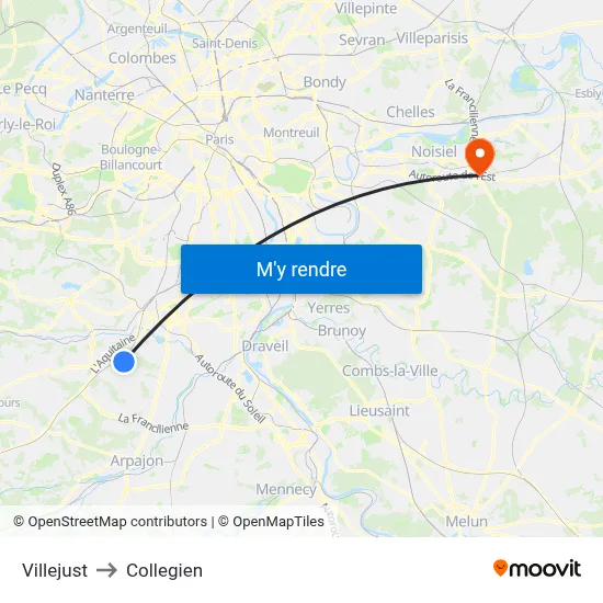 Villejust to Collegien map