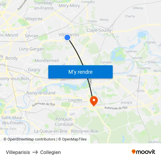 Villeparisis to Collegien map