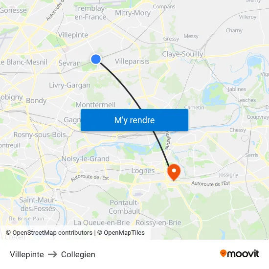 Villepinte to Collegien map